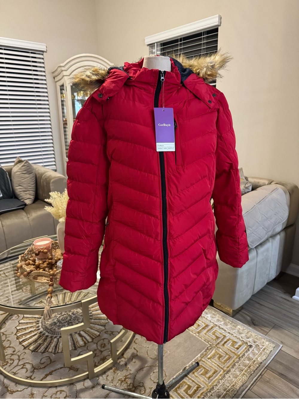 CoyBuyit Quilted Hooded Puffer Coat with Faux Fur Trim